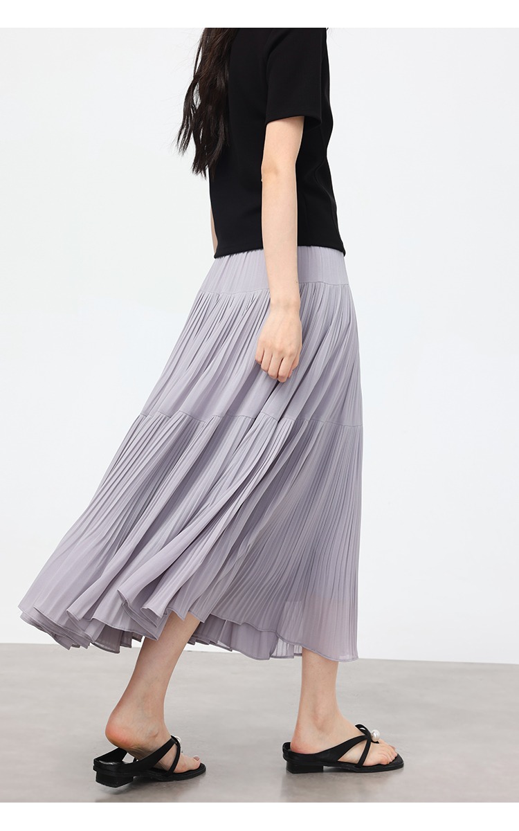 大尺碼高腰紫色半身裙女夏寬鬆雪紡裙氣質百褶裙長款