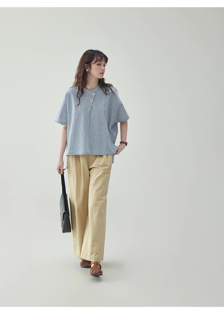 藍格紋不規則蝙蝠袖襯衫女夏季新款寬鬆套頭上衣