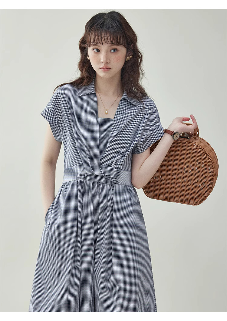 黑白格紋扭結短袖連身裙女夏季新款收腰a字中裙