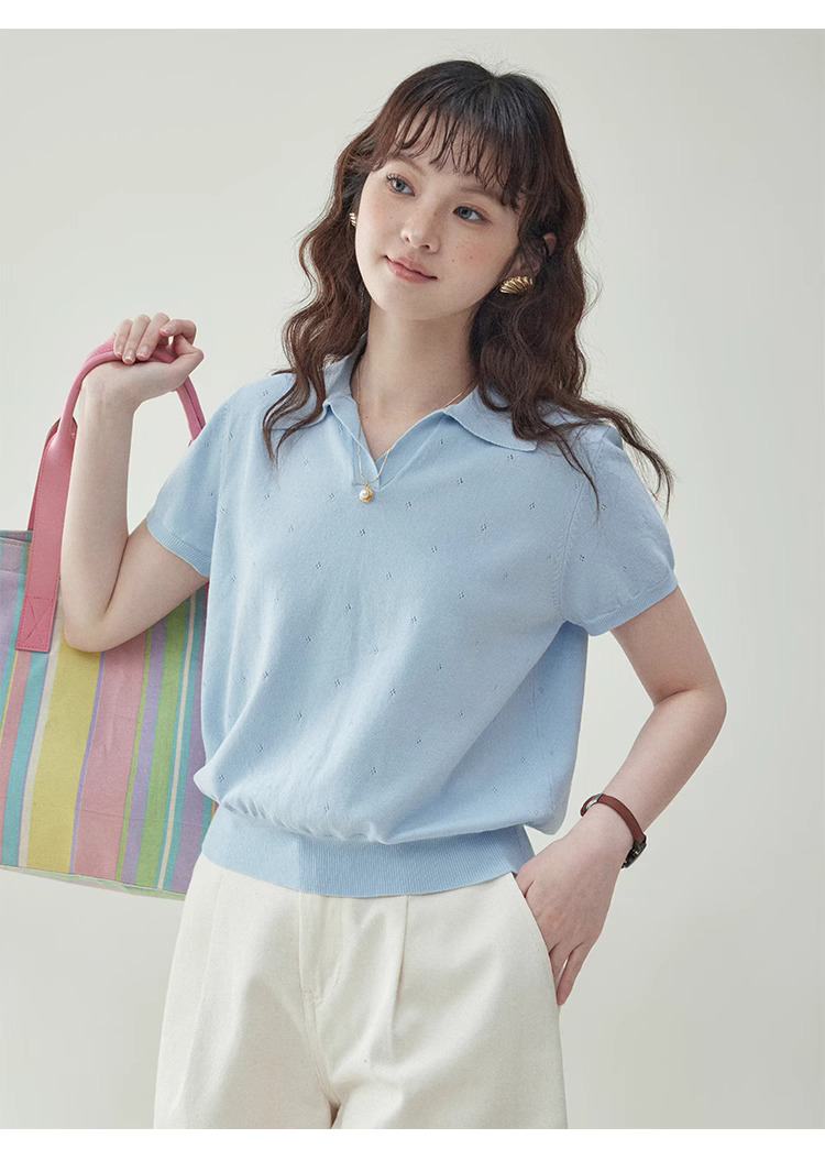 藍色翻v領短針織衫t卹女夏季新款提花短袖上衣