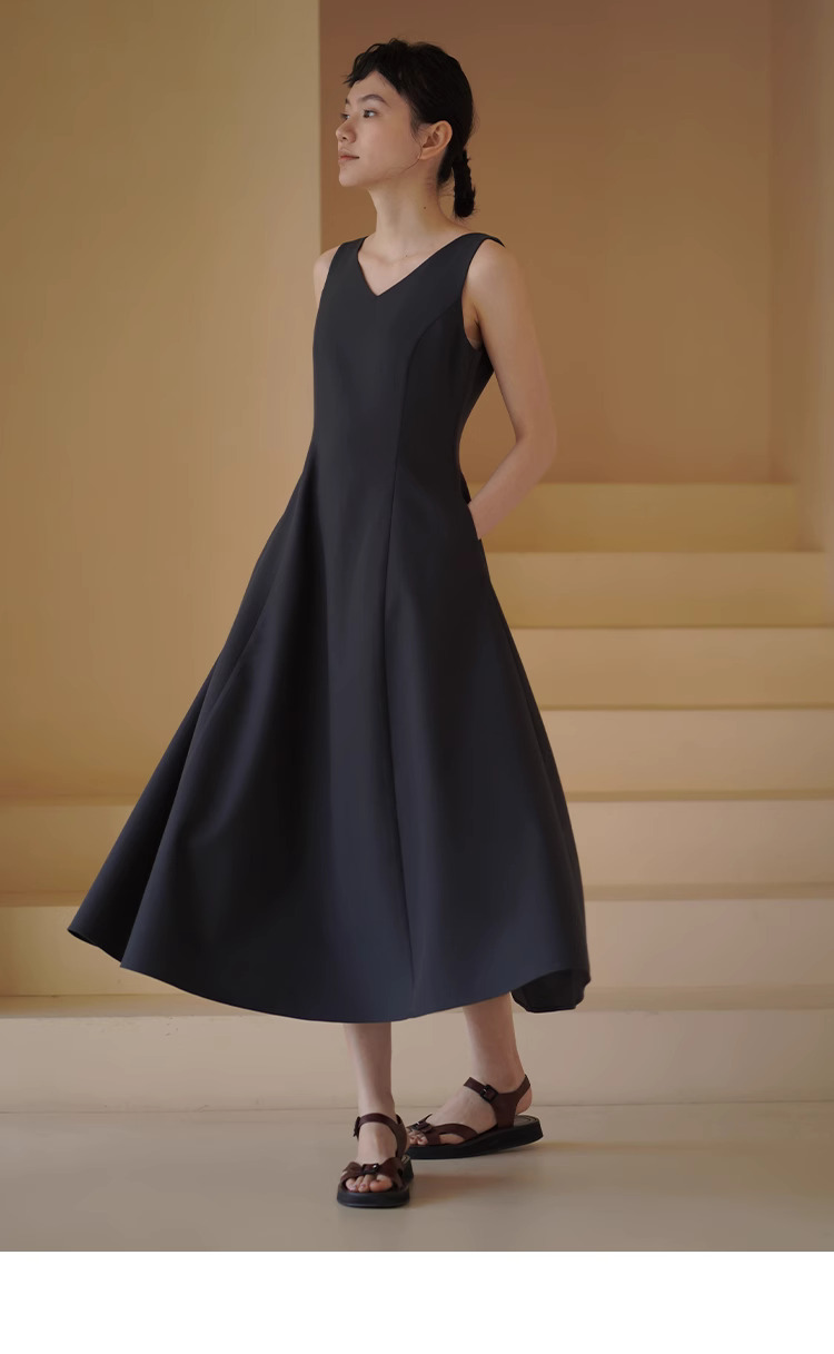 搖曳漫步優雅洋裝無袖V領收腰立裁遮肉大裙擺通勤裙子