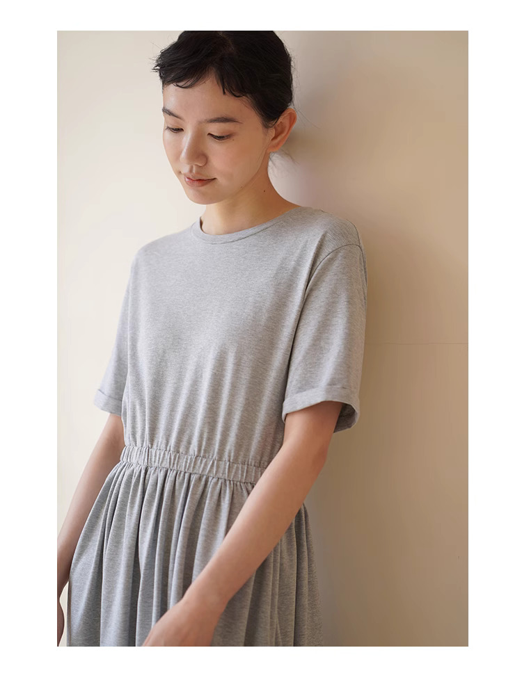 日常實用派舒適軟糯彈性鬆緊高腰圓領寬鬆顯瘦洋裝女