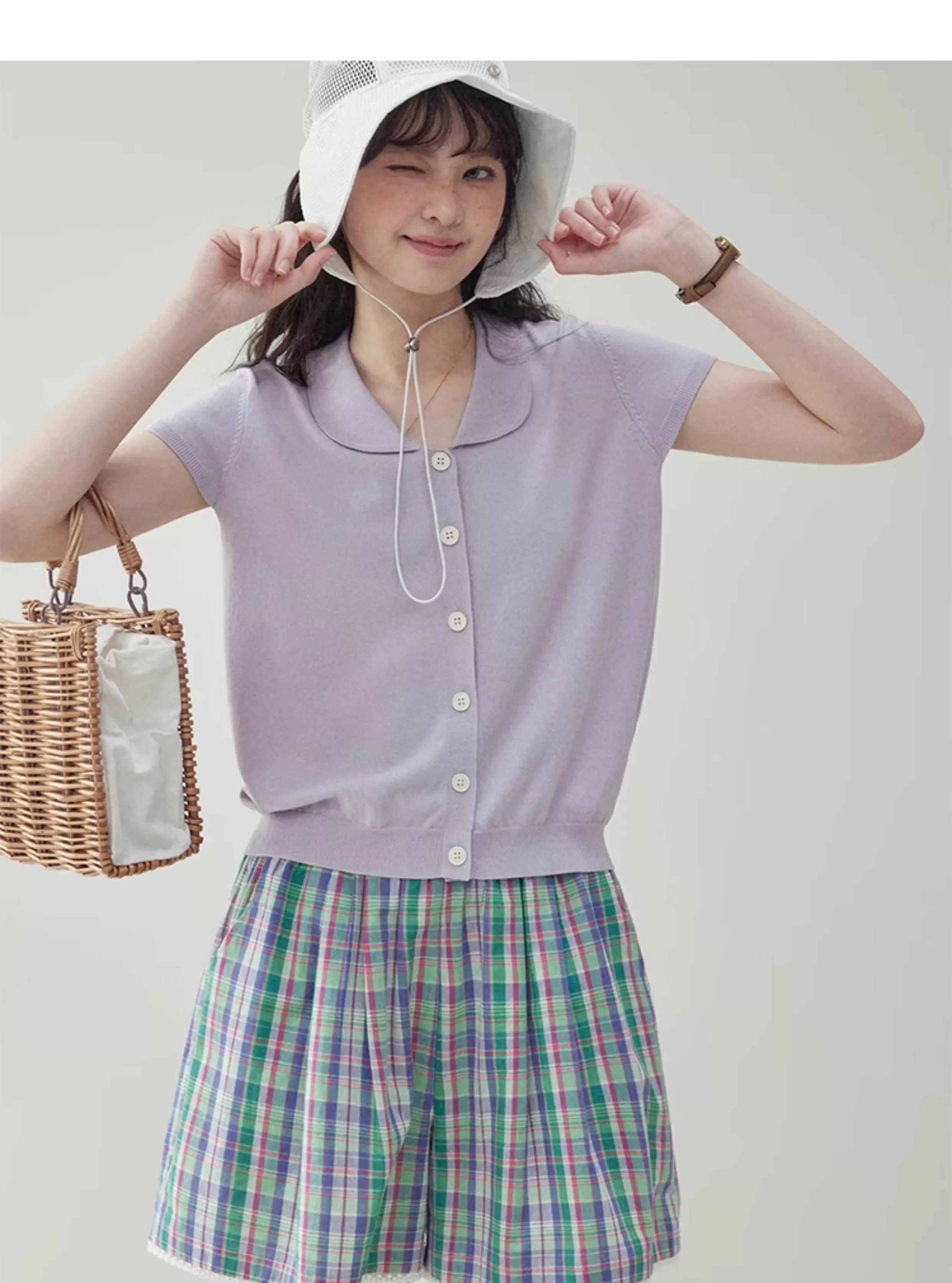溫柔紫色娃娃v領針織衫女夏季新款短袖扣上衣