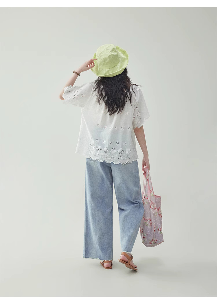 法式鏤空花邊純棉白襯衫女夏季新款寬鬆短袖上衣