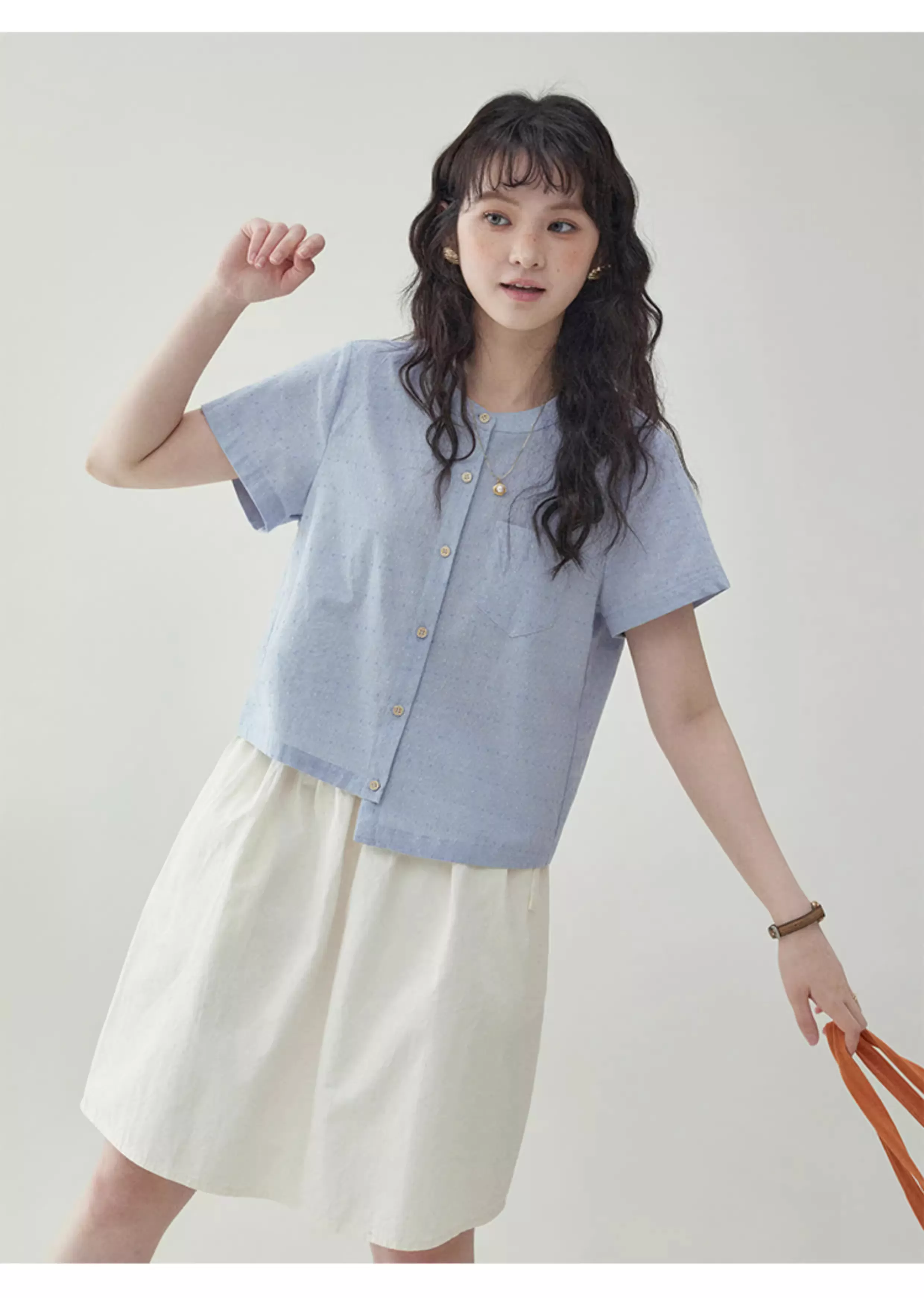 藍色不規則下擺純棉襯衫女夏季新款圓點短袖上衣