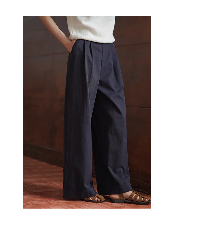 筆筆直修腿長褲萊賽爾棉挺括寬鬆高腰折邊休閒闊腿褲女
