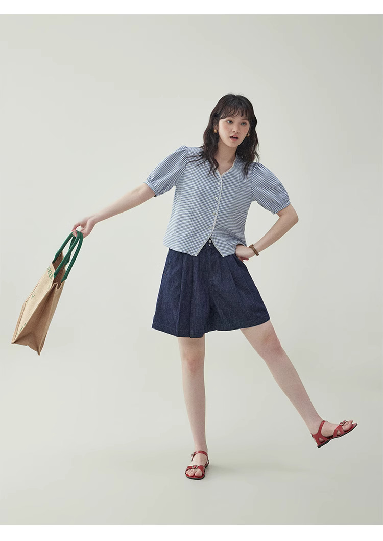藍格泡泡袖短版純棉襯衫女夏季新款甜美寬鬆上衣