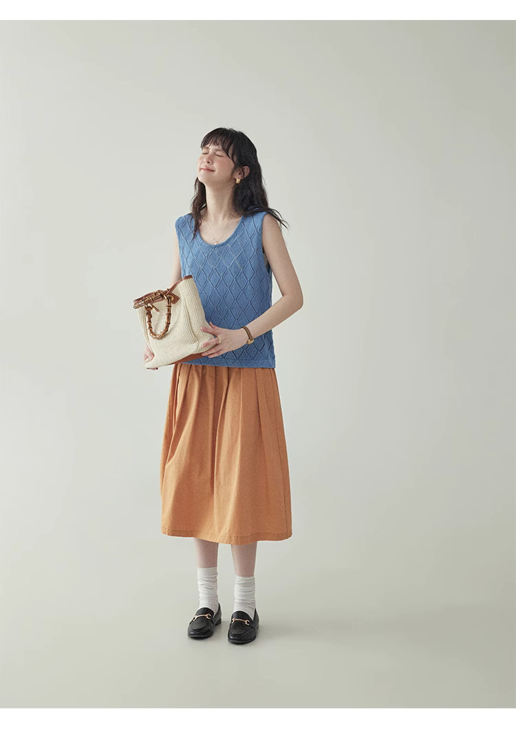 藍色菱格鏤空背心針織衫女夏季新款寬鬆無袖上衣