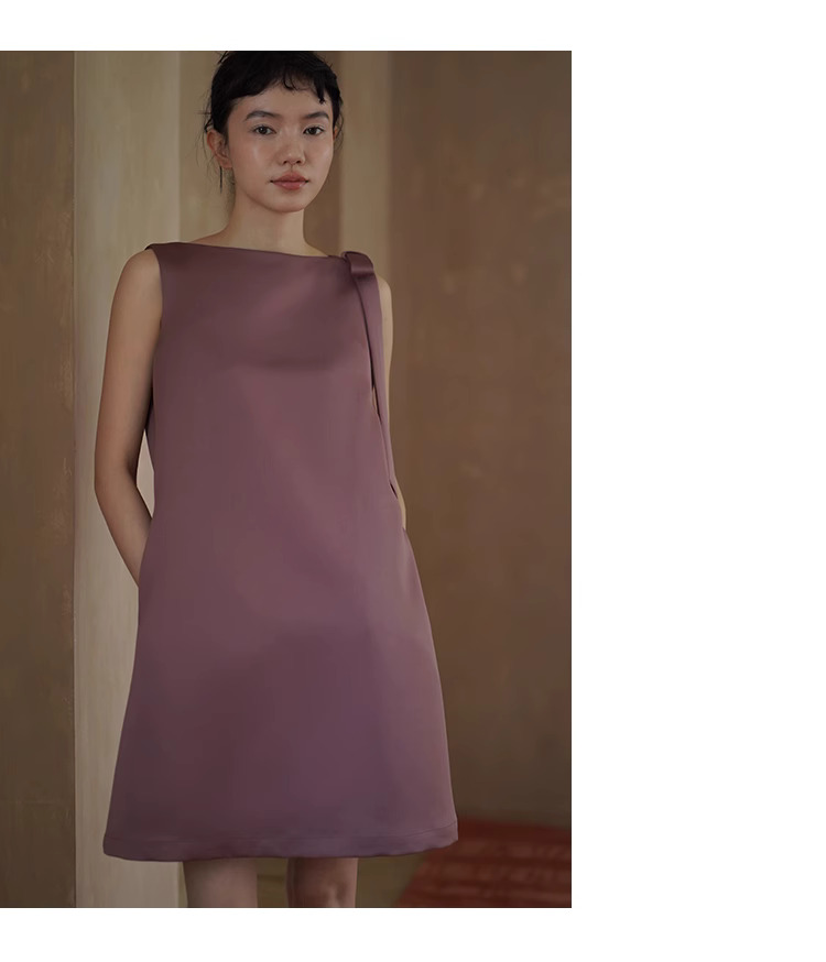 冷萃玫瑰洋裝顯白光澤綢感蝴蝶結無袖A字顯瘦背心裙女