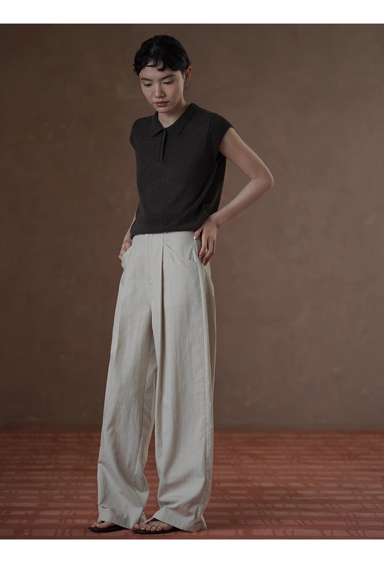 苔痕雨季透氣輕薄亞麻棉紗線Polo領針織顯瘦短袖上衣女