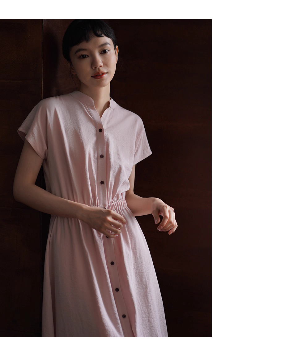 冰透粉晶洋裝寬鬆收腰短袖長撞色釦子立領襯衫裙子