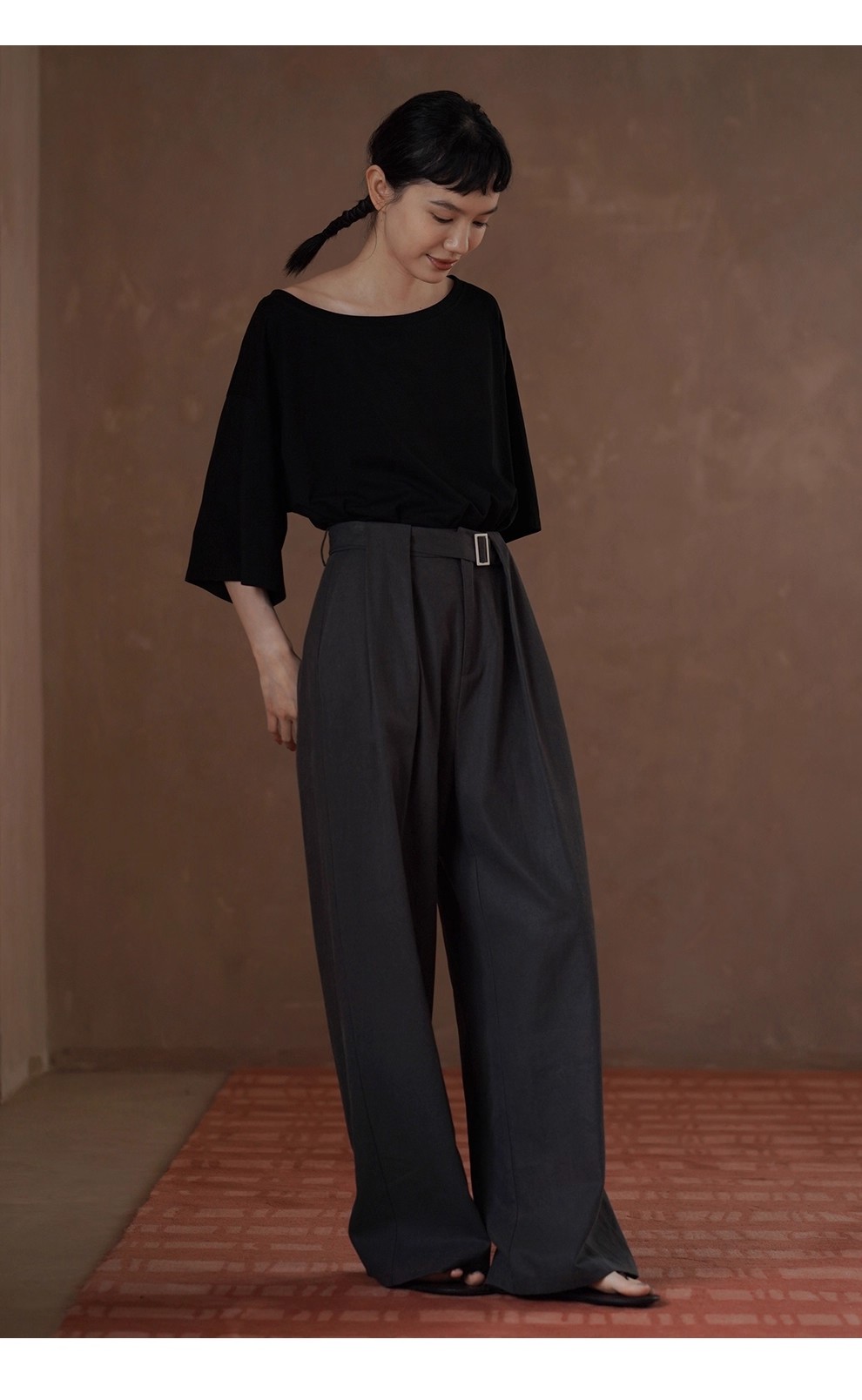 鬆弛自在法式上衣斜肩大領口輕薄透氣寬鬆顯瘦中袖T恤女