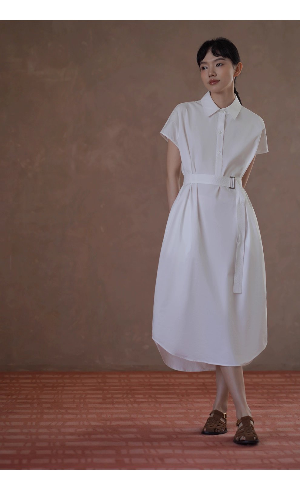 浮生一日清冷通勤洋裝寬鬆顯瘦腰帶半門襟長襯衫裙