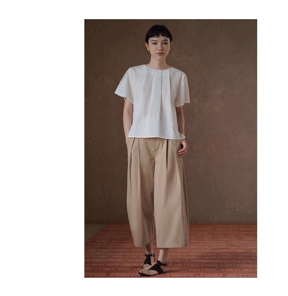 清香白檸檬上衣壓褶圓領A字顯瘦萊賽爾亞麻透氣通勤襯衫