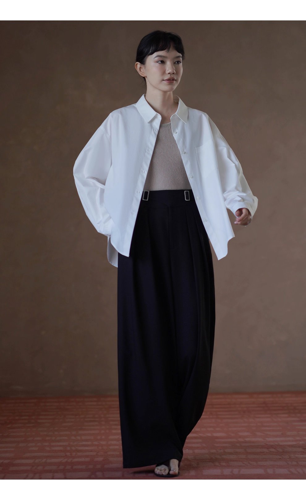 利落職場顯瘦高腰不對稱日字袢設計寬鬆顯瘦長褲女