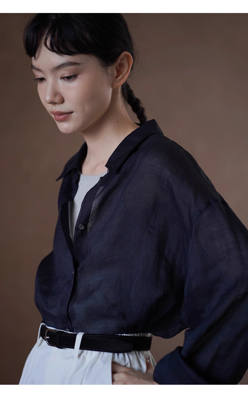 清透微風天然100苧麻襯衫寬鬆顯瘦通勤廓形落肩長袖上衣