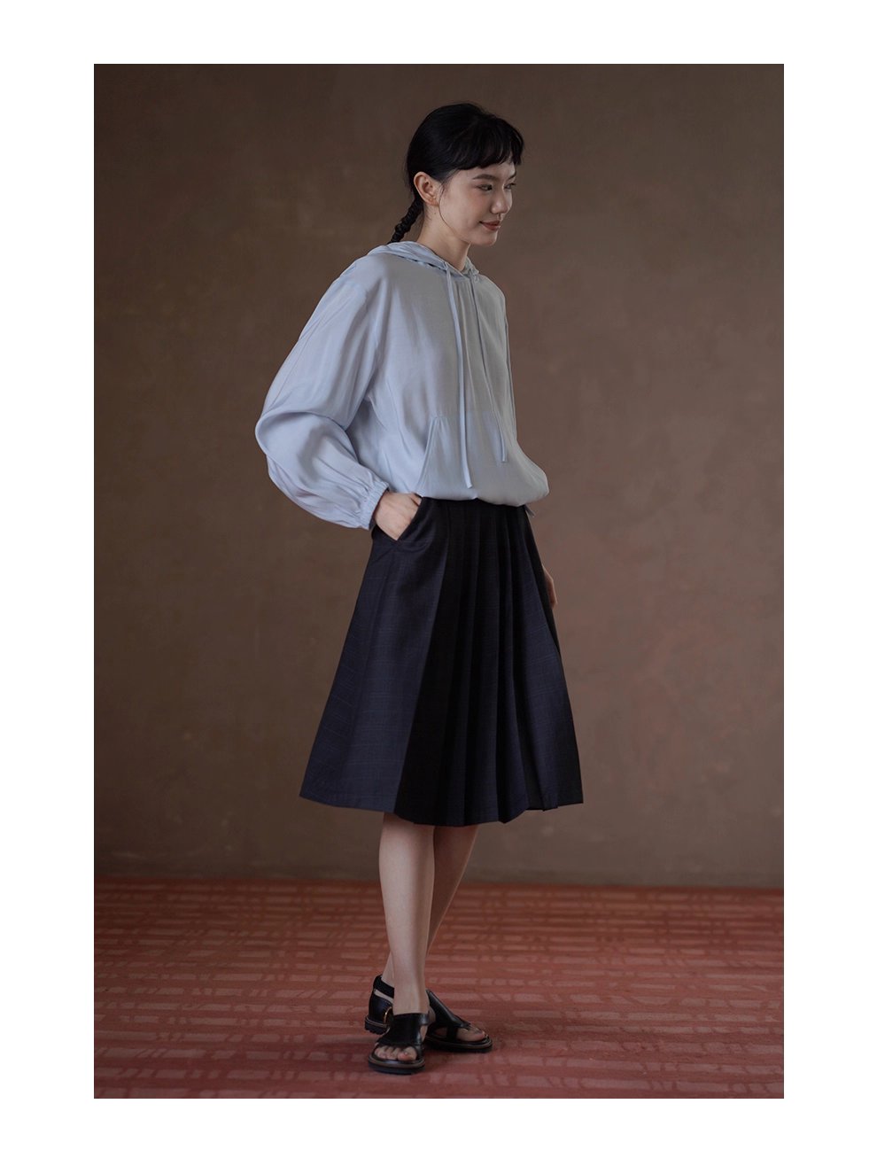 潤石晶藍清涼透氣連帽寬鬆顯瘦長袖休閒襯衫薄上衣女