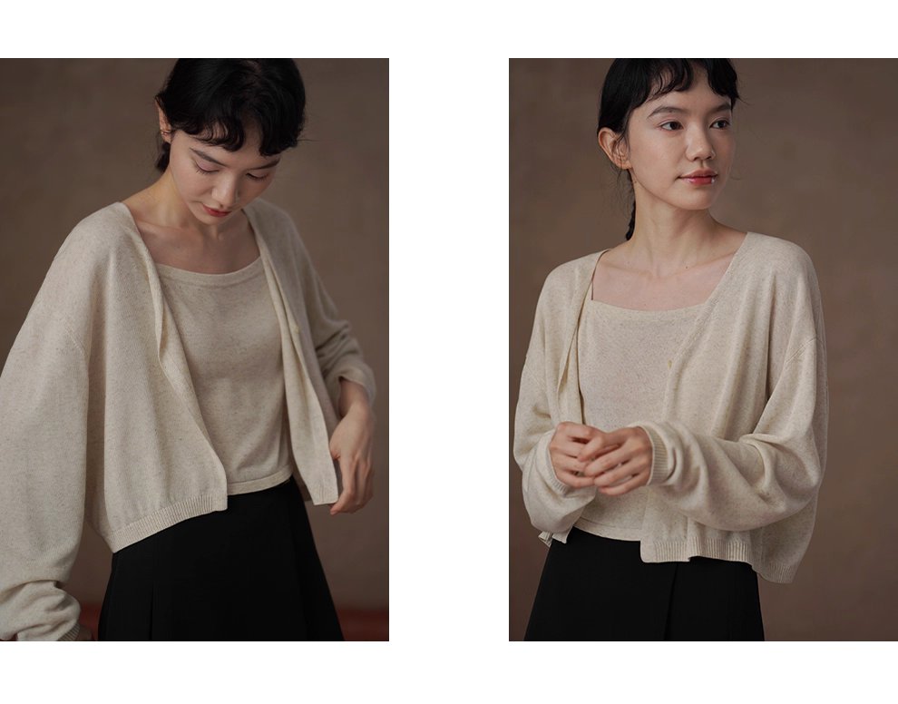 清新燕麥萊賽爾亞麻混紡背心開襟針織溫柔通勤兩件套女