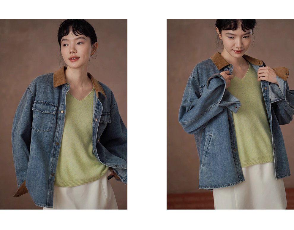 復古風潮做舊水洗燈芯絨拼接翻領牛仔襯衫寬鬆顯瘦外套
