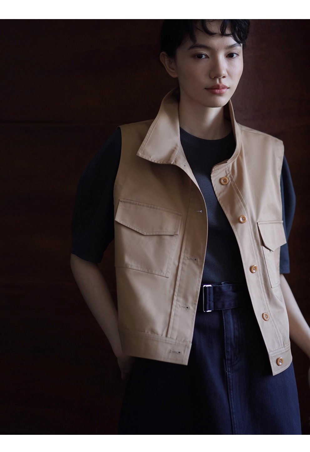 楓葉長椅馬甲顯瘦挺括親膚萊賽爾棉立領工裝疊穿外套女