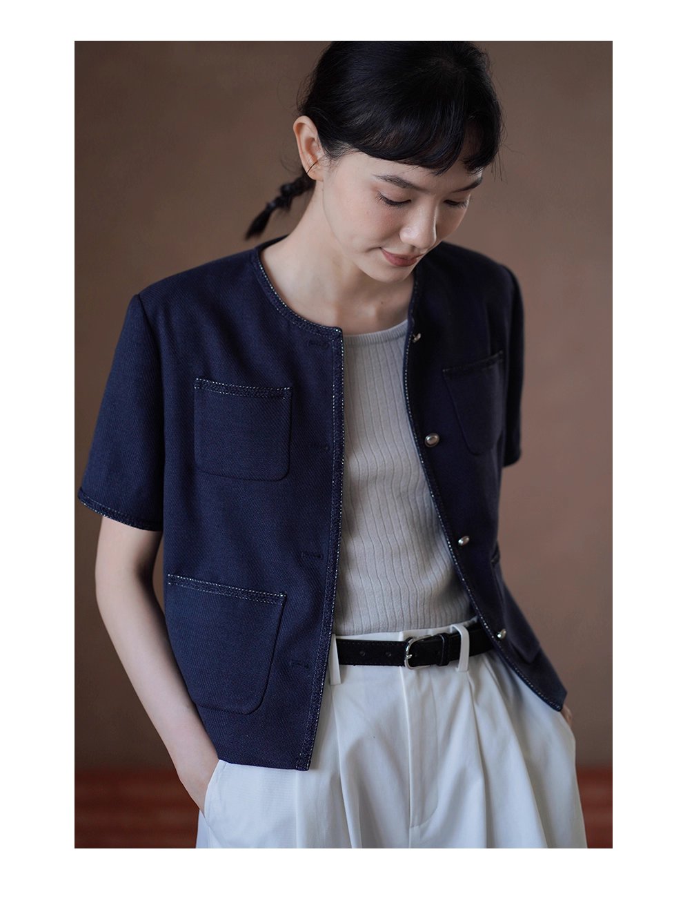 法式花邊拼接肌理感短袖小香氣質圓領通勤顯瘦短外套