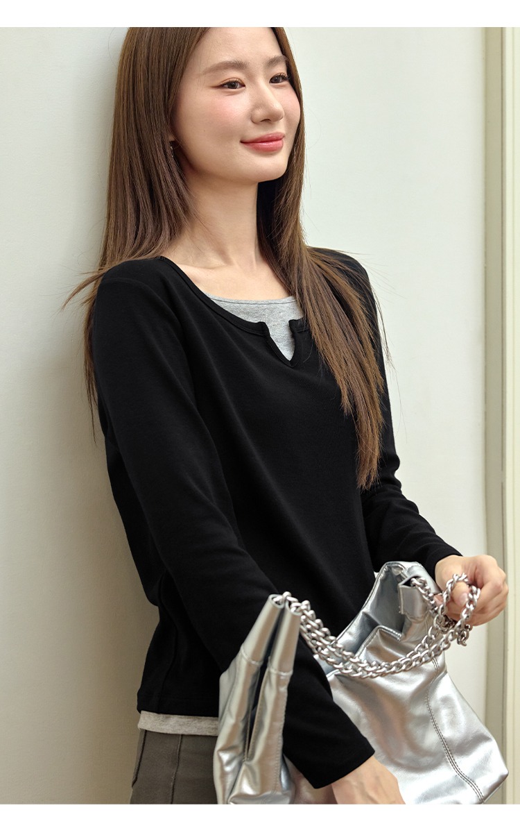 黑色正肩長袖t桖女秋季假兩件上衣
