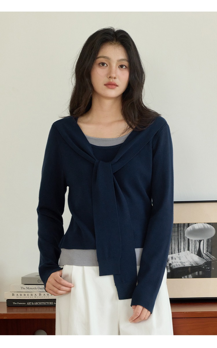 大尺碼假兩件綁帶針織衫上衣長袖打底衫