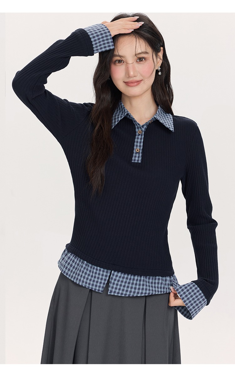 大尺碼拼接格紋襯衫假兩件針織衫polo領上衣