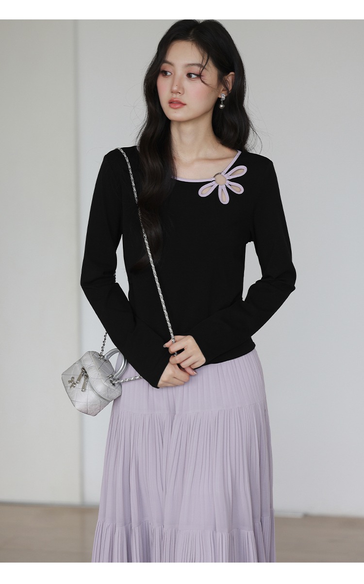 大尺寸胖mm鏤空花朵正肩長袖t恤女2025新款穿搭內搭上衣