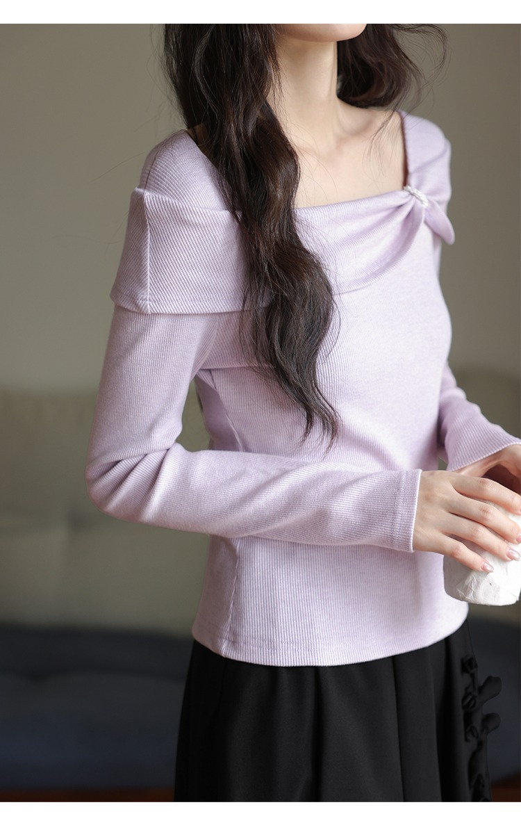 大尺碼氣質穿搭方領針織衫新款內搭打底衫秋季紫色上衣