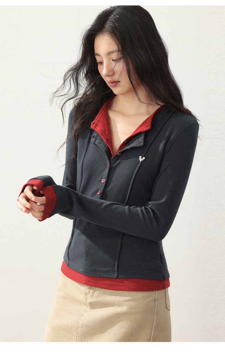 大尺碼秋裝灰色正肩長袖設計感假兩件疊穿上衣