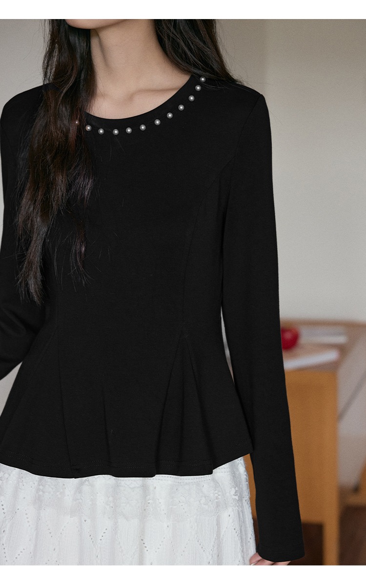 大尺碼黑色長袖T桖女秋季內搭釘珠打底衫