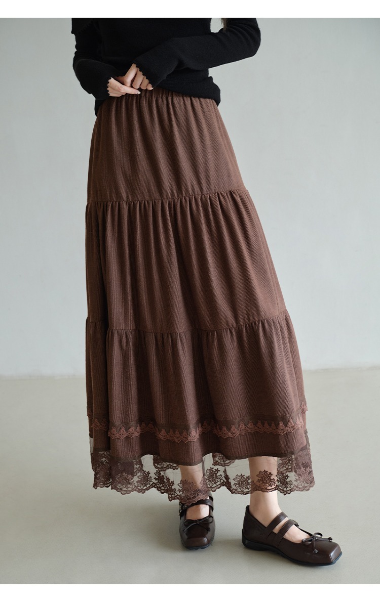大尺碼蕾絲拼接A字半身裙蛋糕裙棕色裙子