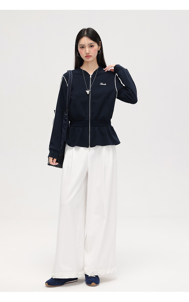 大尺碼收腰衛衣外套女拉鍊開襟衫荷葉邊上衣外套