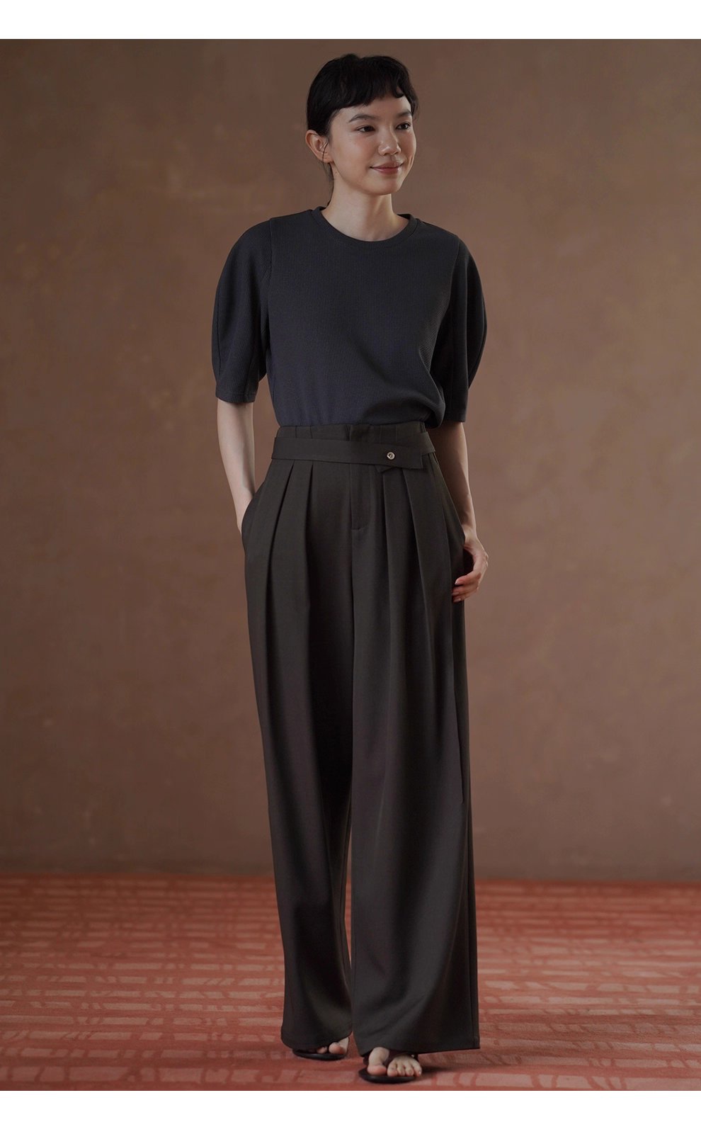 高品質色紡西裝布料可調式腰帶寬鬆垂順顯瘦闊腿長褲女