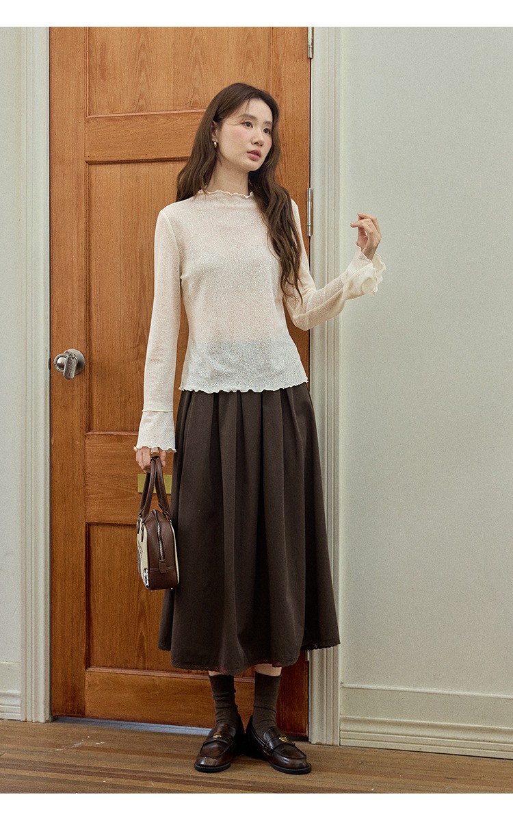 大尺碼薄款半高領木耳邊打底上衣秋裝上衣