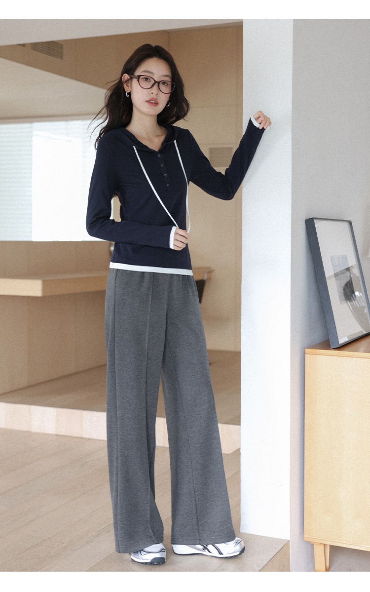 大尺碼鬆緊腰直筒闊腿褲女秋灰色休閒褲子