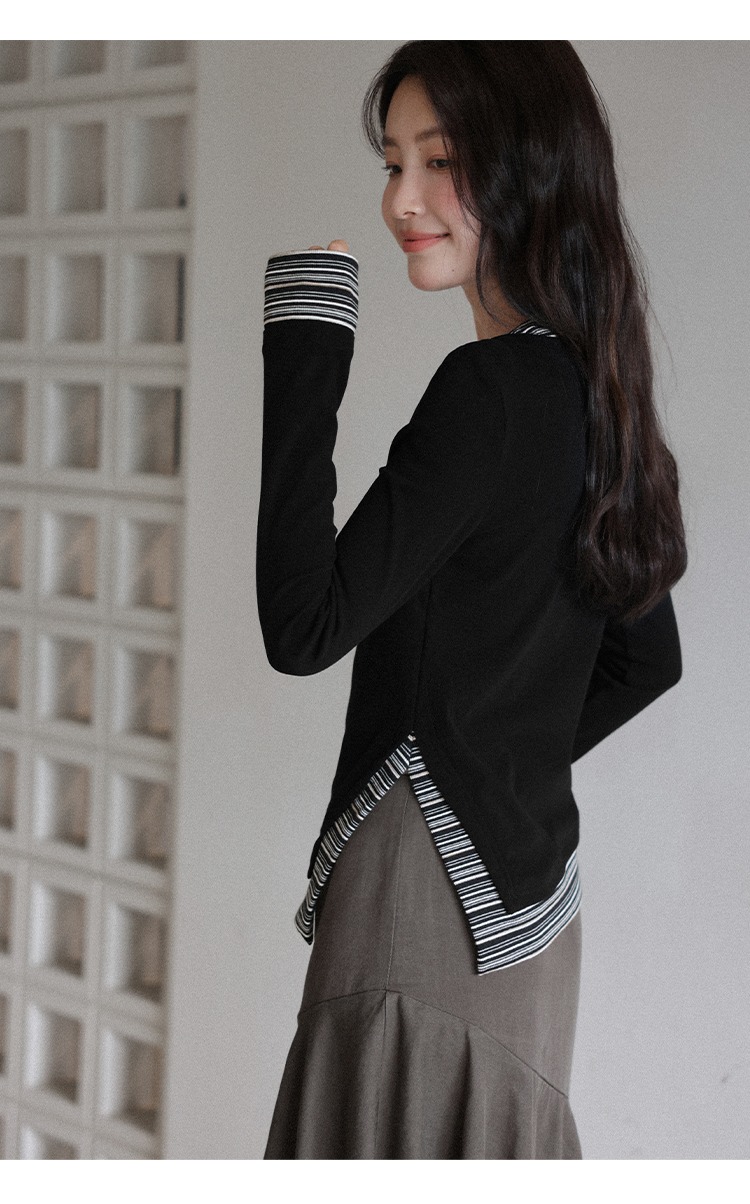大尺碼假兩件長袖T恤條紋拼接開岔上衣