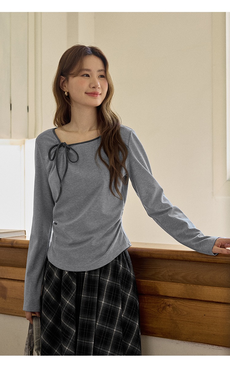 大尺碼鏤空蝴蝶結灰色長袖T恤女裝收腰上衣