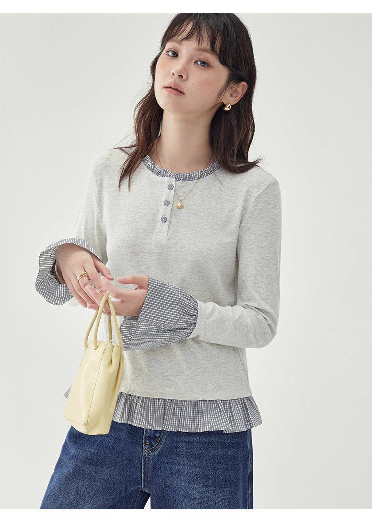 撞色拼接襯衫喇叭袖t卹女秋季新款寬鬆長袖上衣