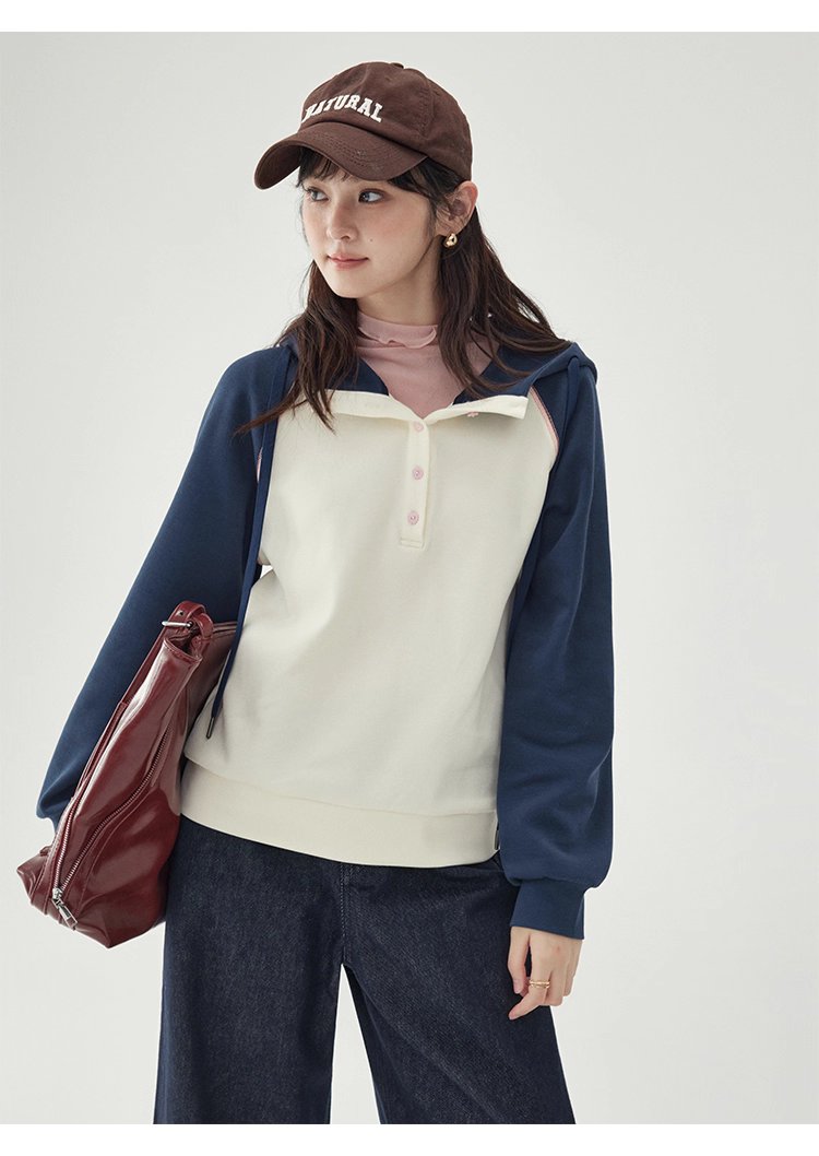撞色插肩長袖連帽衛衣T恤女25秋季新款減齡上衣