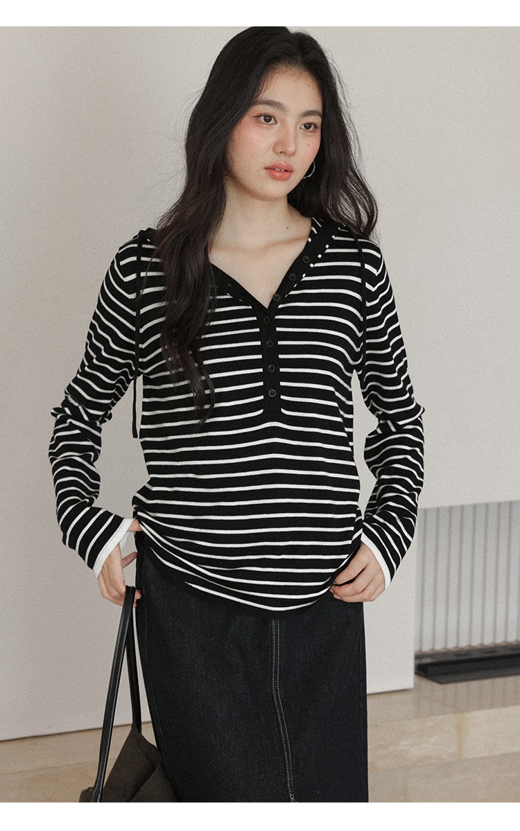 大尺碼胖mm條紋針織衫秋季寬鬆連帽上衣