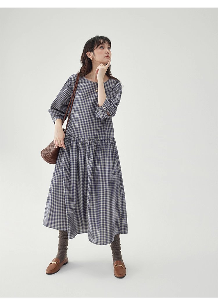 日系格紋燈籠袖洋裝女秋季新款寬鬆純棉a字裙