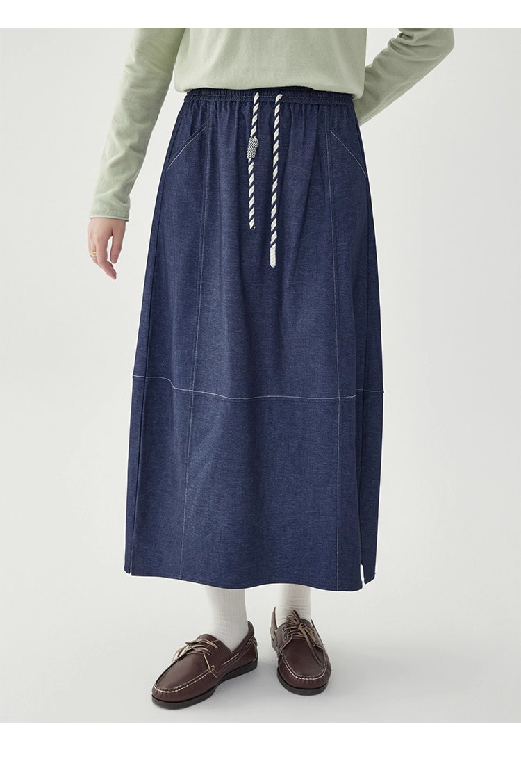 藍色鬆緊腰a字半身裙女秋季新款百搭抽繩中長裙