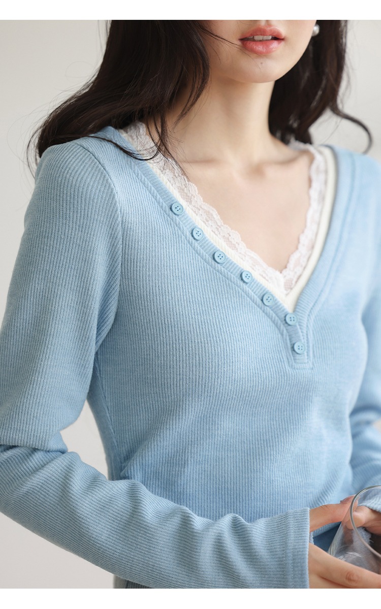 大尺碼蕾絲拼接V領針織衫女秋裝假兩件上衣