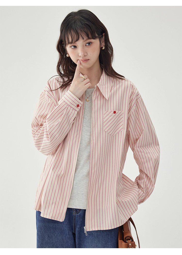 粉紅色圖案雙拉鍊長袖襯衫女秋季新款純棉外套上衣