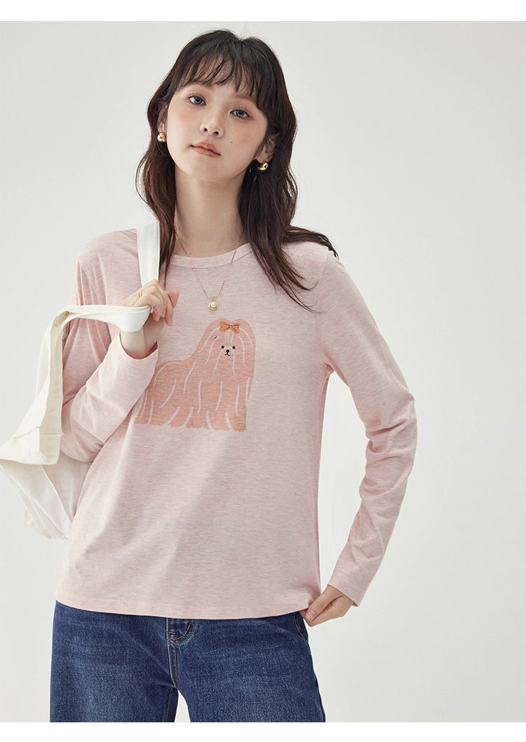 粉紅小狗印花長袖T恤女25秋季全新寬鬆減齡上衣