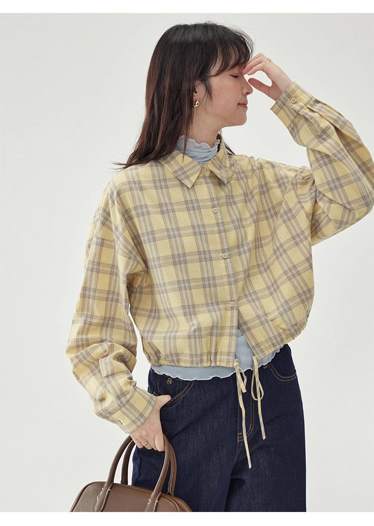 黃格單排扣抽繩下擺襯衫女秋季新款純棉長袖上衣