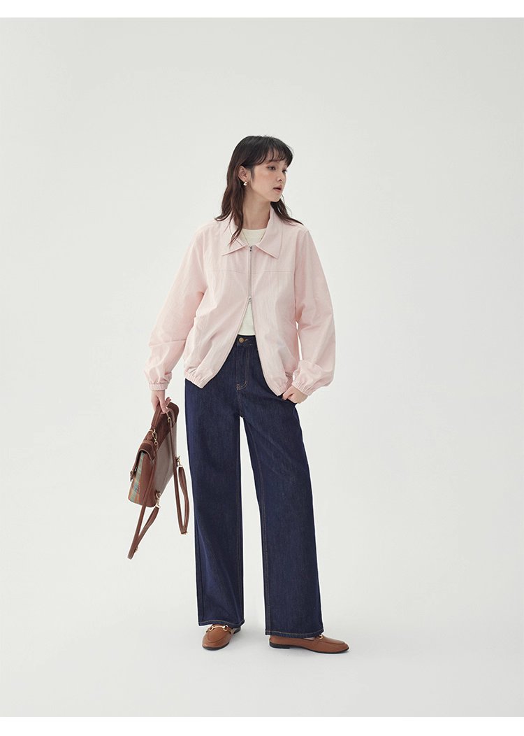 少女感粉紅拉鍊長袖外套女秋季新款翻領短版上衣