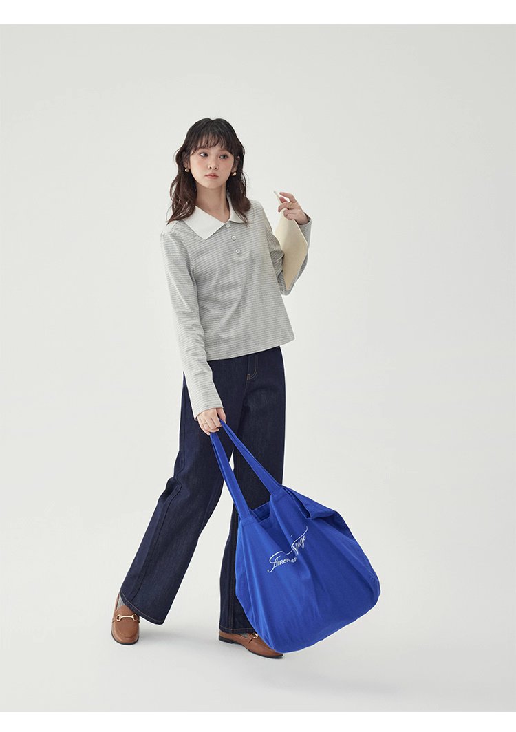 灰色條紋polo半開領t卹女秋季新款寬鬆長袖上衣